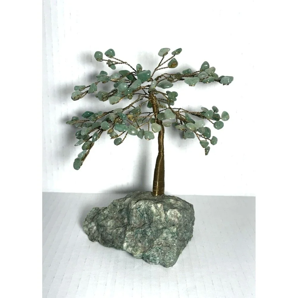 Vtg Handcrafted Aventurine Stone Gem Tree 7” Tall Budd Stone (African Jade) Base - Picture 3 of 11